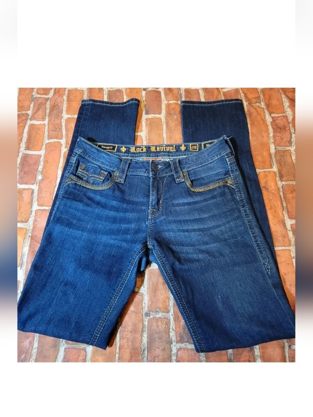 Rock Revival Women’s Straight Leg Jeans Dark Wash Tag 29  Actual 32 x 33 Sherry